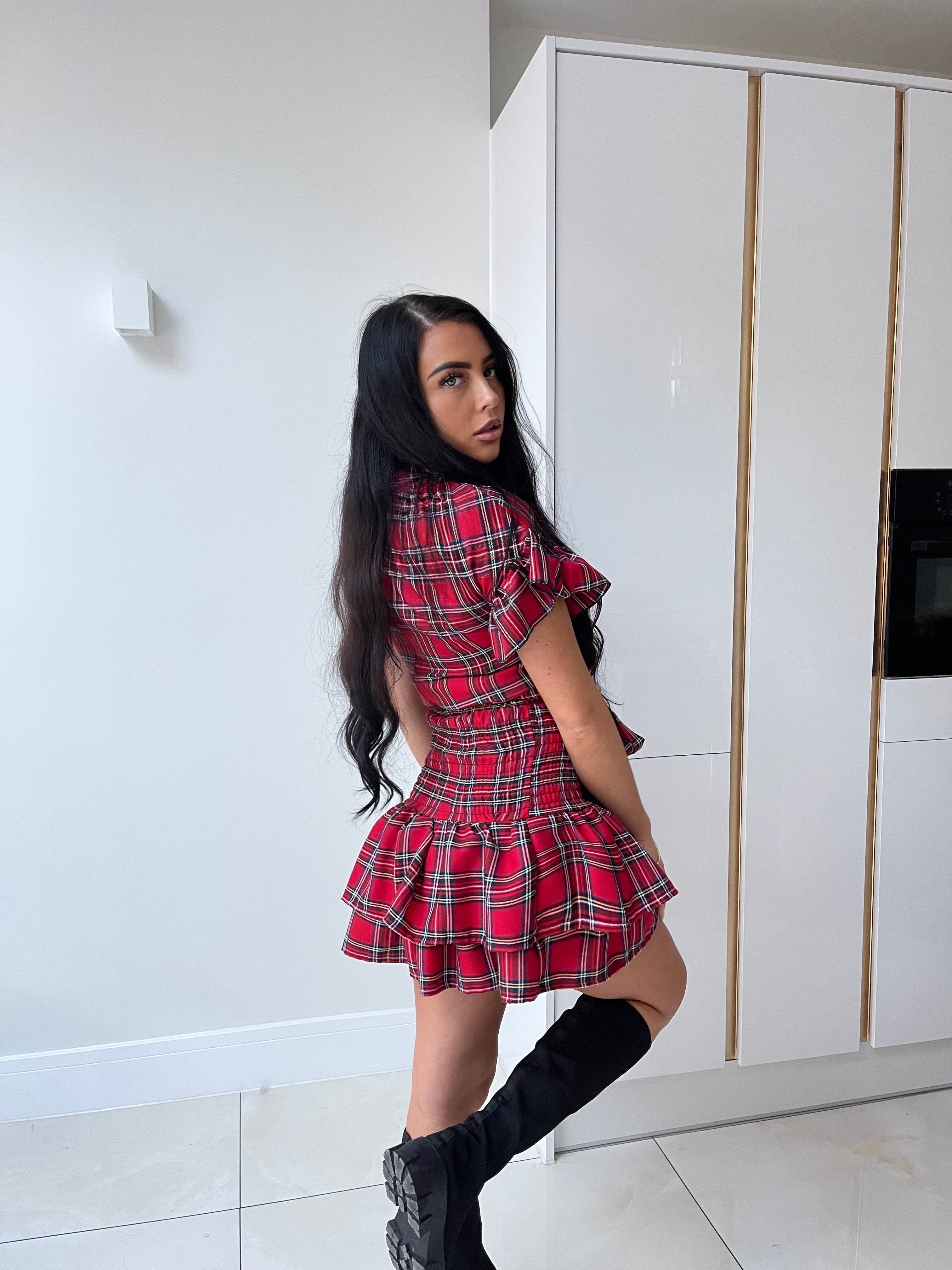 Tartan Bow Skirt Set - Red