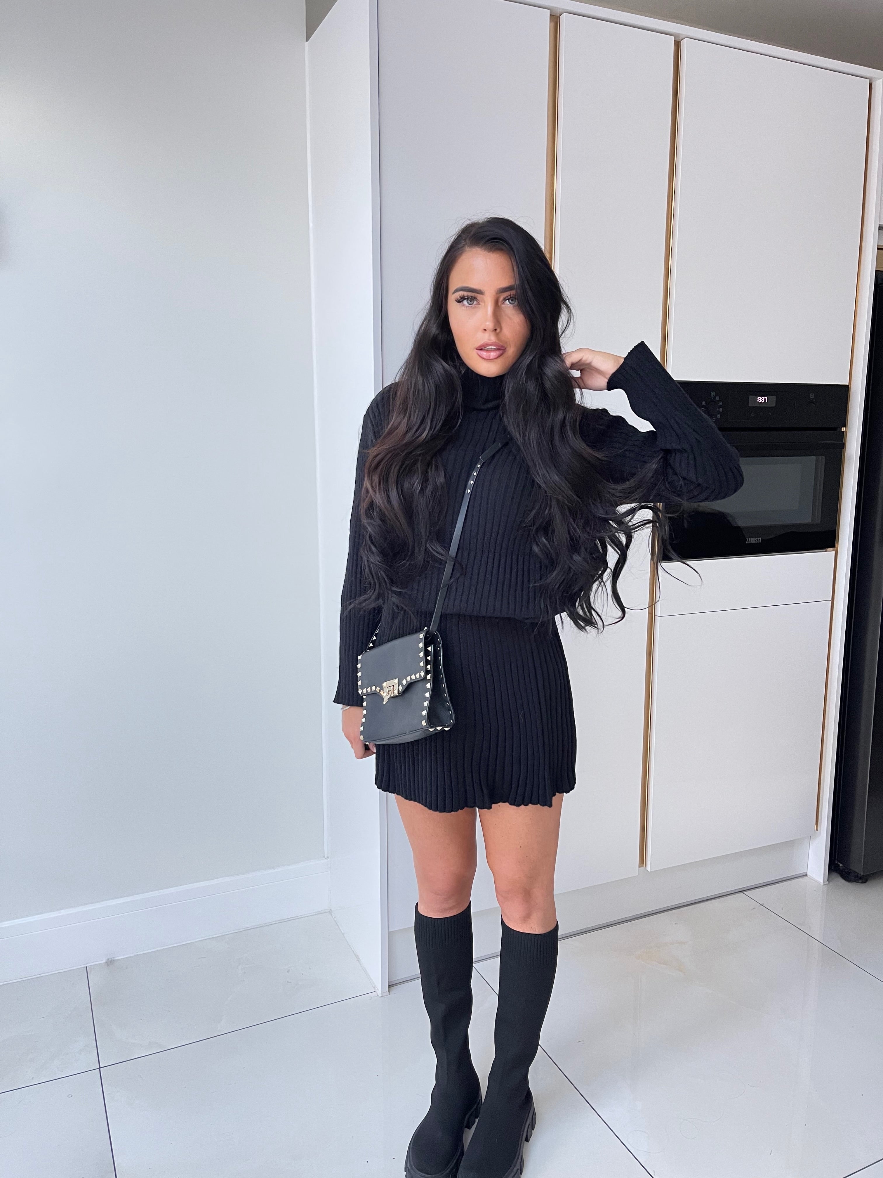Ribbed Knit Roll Neck Skirt Set - Black
