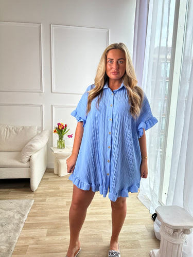 Oversized Gold Button Crinkle Dress - Baby Blue