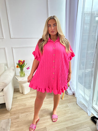 Oversized Gold Button Crinkle Dress - Hot Pink