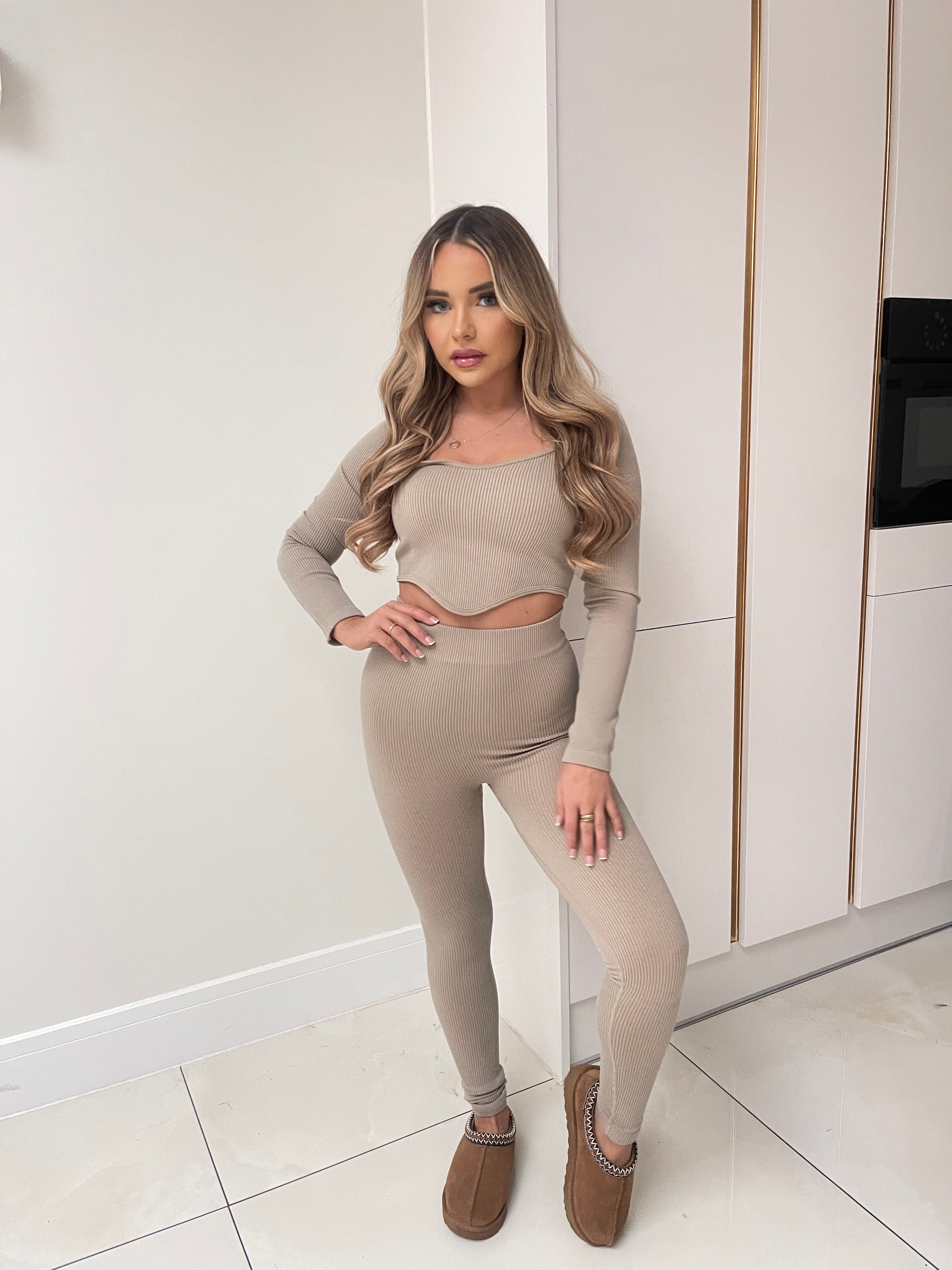 Corset Ribbed Legging Set - Beige