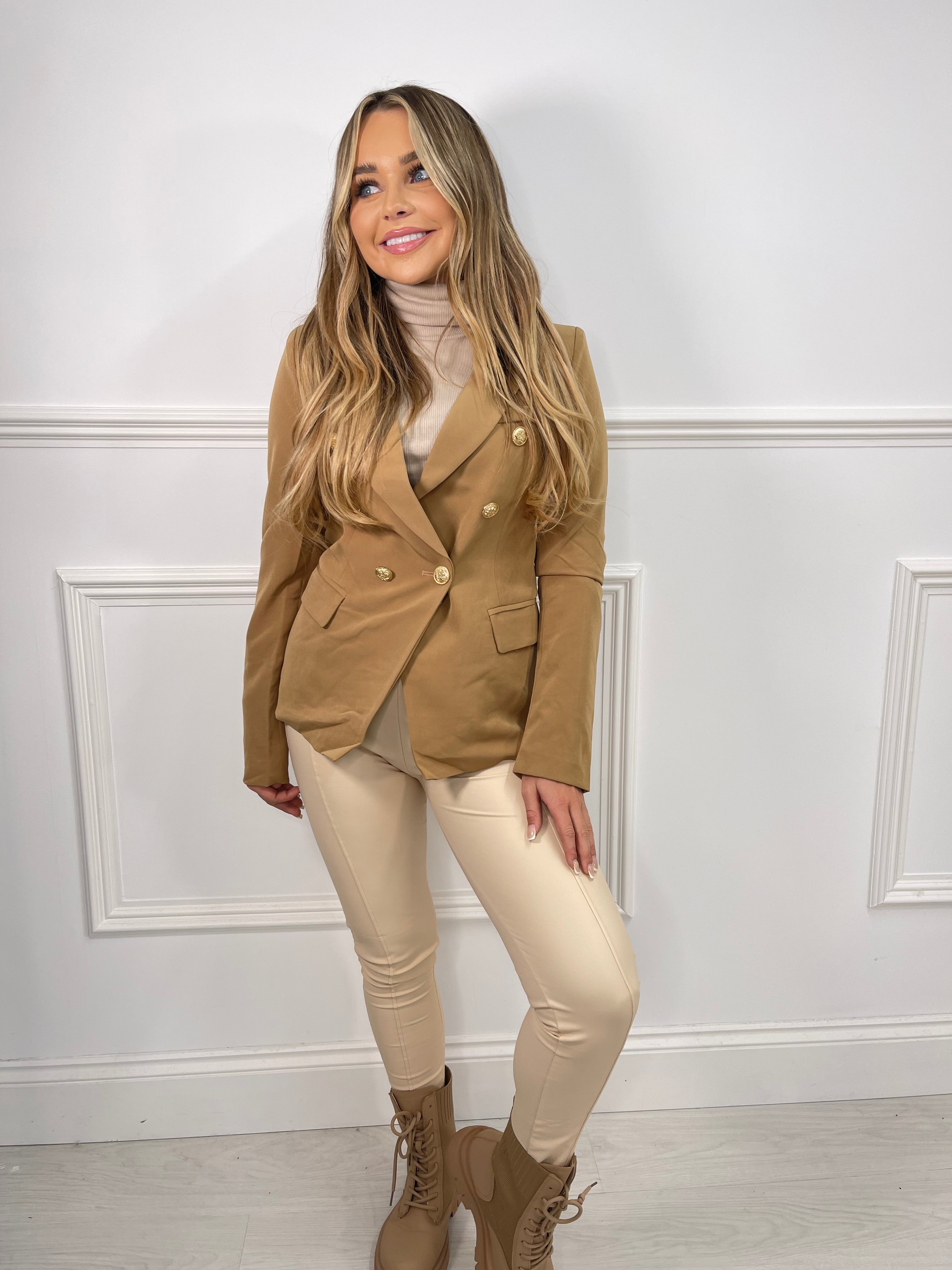 Gold Button Blazer - Tan