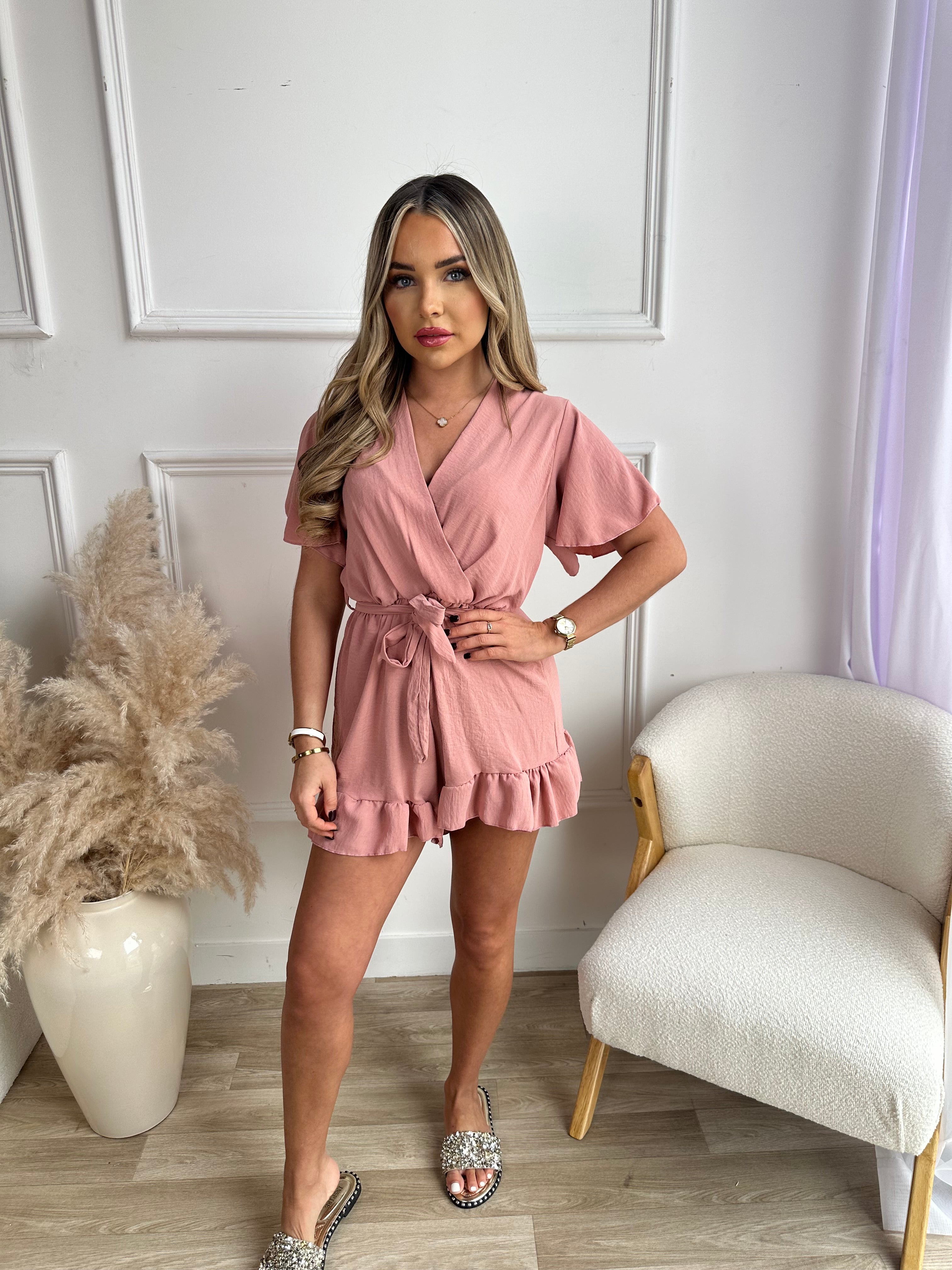 belted frill playsuit - pink