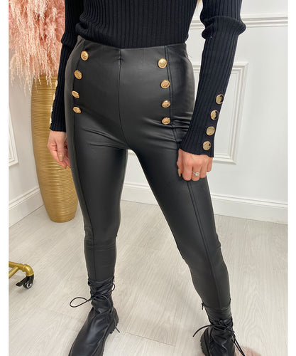 High Waisted Gold Button Leggings In Black