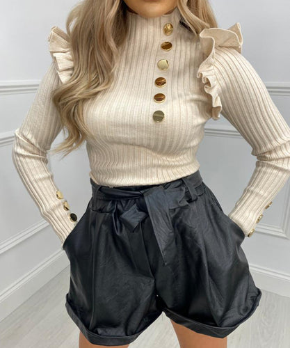 Ribbed Button Frill Top - Beige