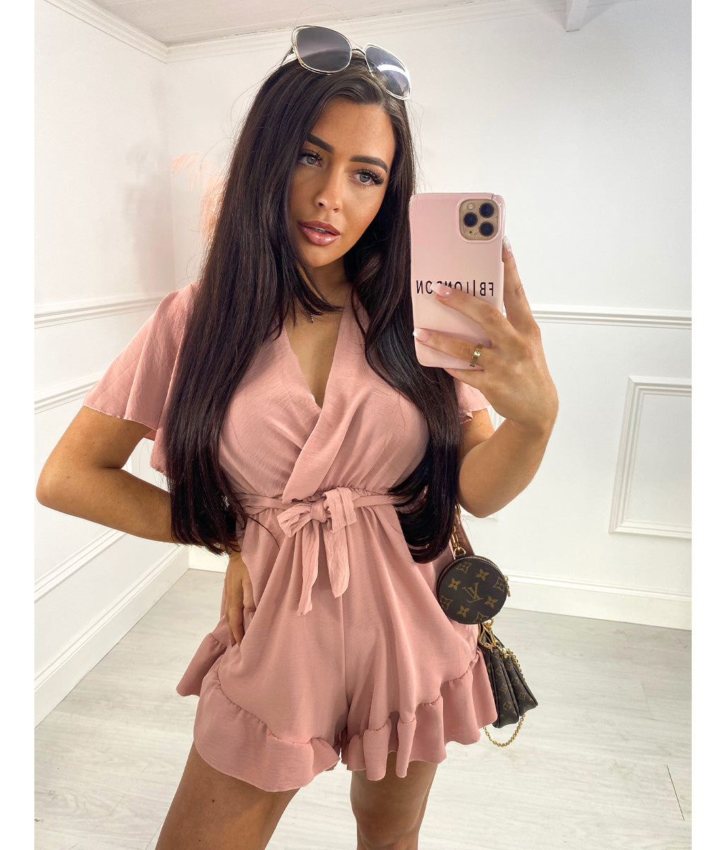 Belted Frill Playsuit - Pink