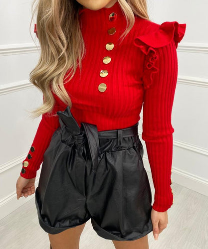 Ribbed Button Frill Top - Red