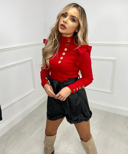 Ribbed Button Frill Top - Red