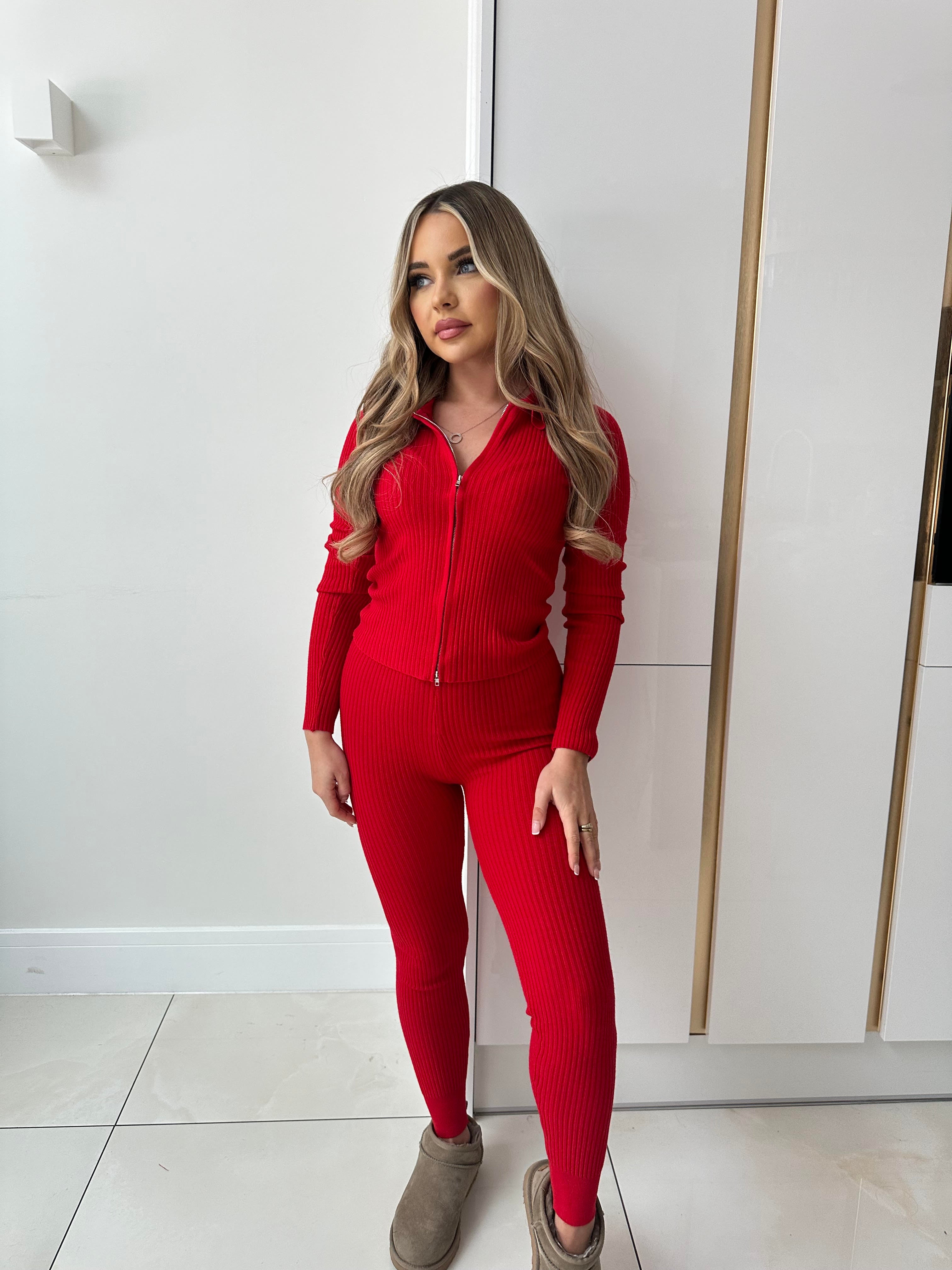 Ribbed Zip Lounge Wear - Red