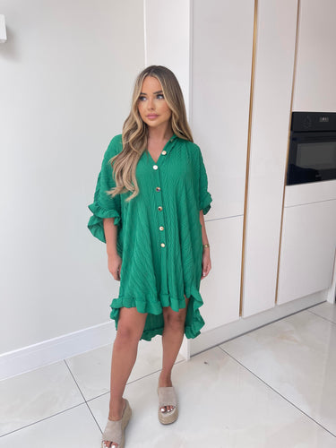 Oversized Gold Button Crinkle Dress - Emerald Green