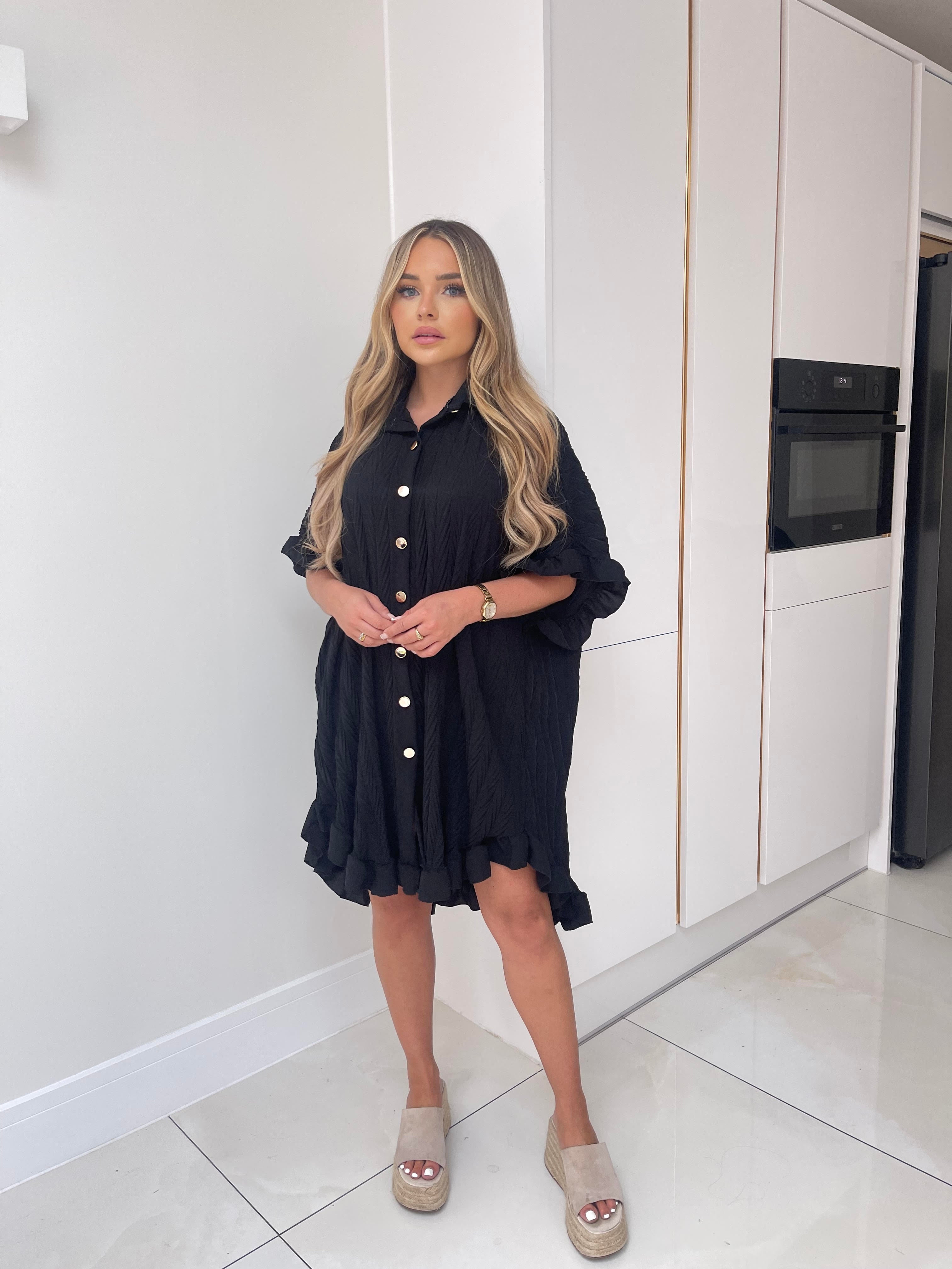 Oversized Gold Button Crinkle Dress - Black