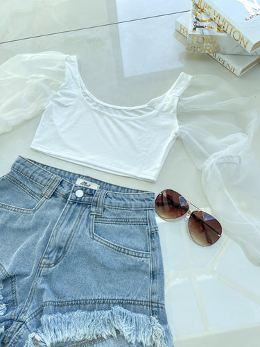 Mesh Sleeve Crop Top - White