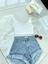 Mesh Sleeve Crop Top - White