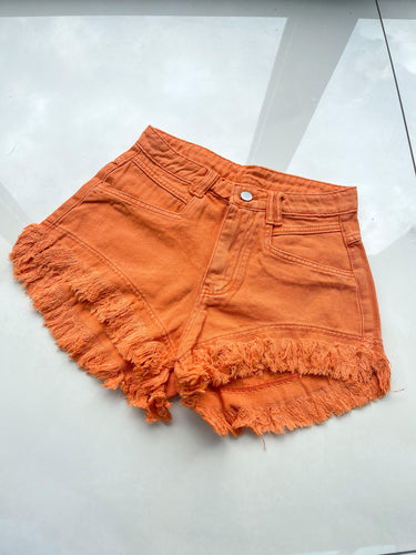 Fringe Hem Denim Shorts - Orange