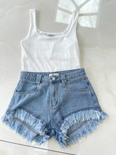 Fringe Hem Denim Shorts - Blue