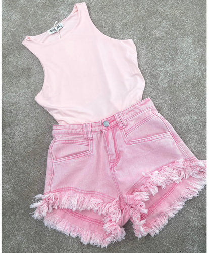 Fringe Hem Denim Shorts - Pink