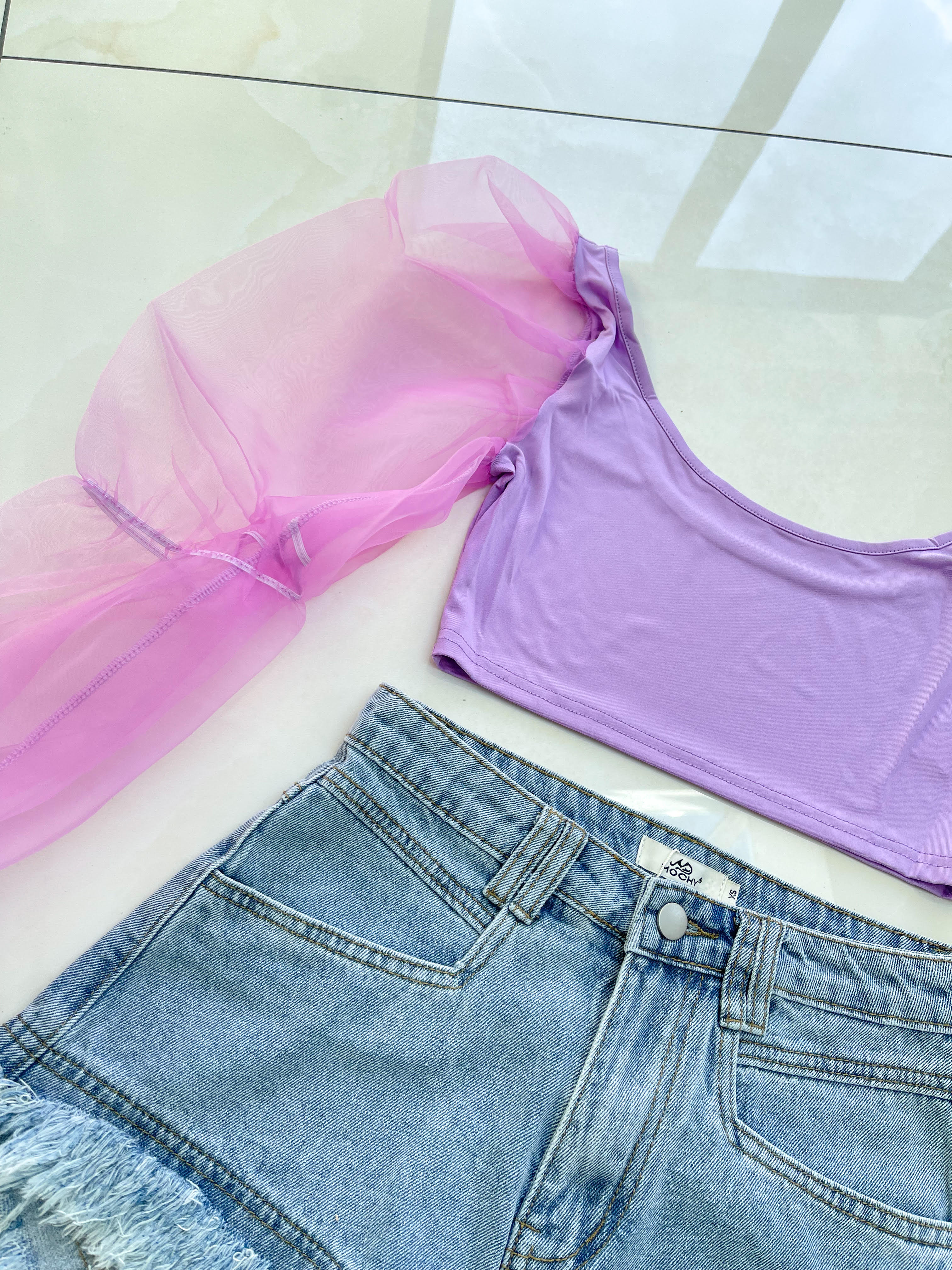 Mesh Sleeve Crop Top - Lilac