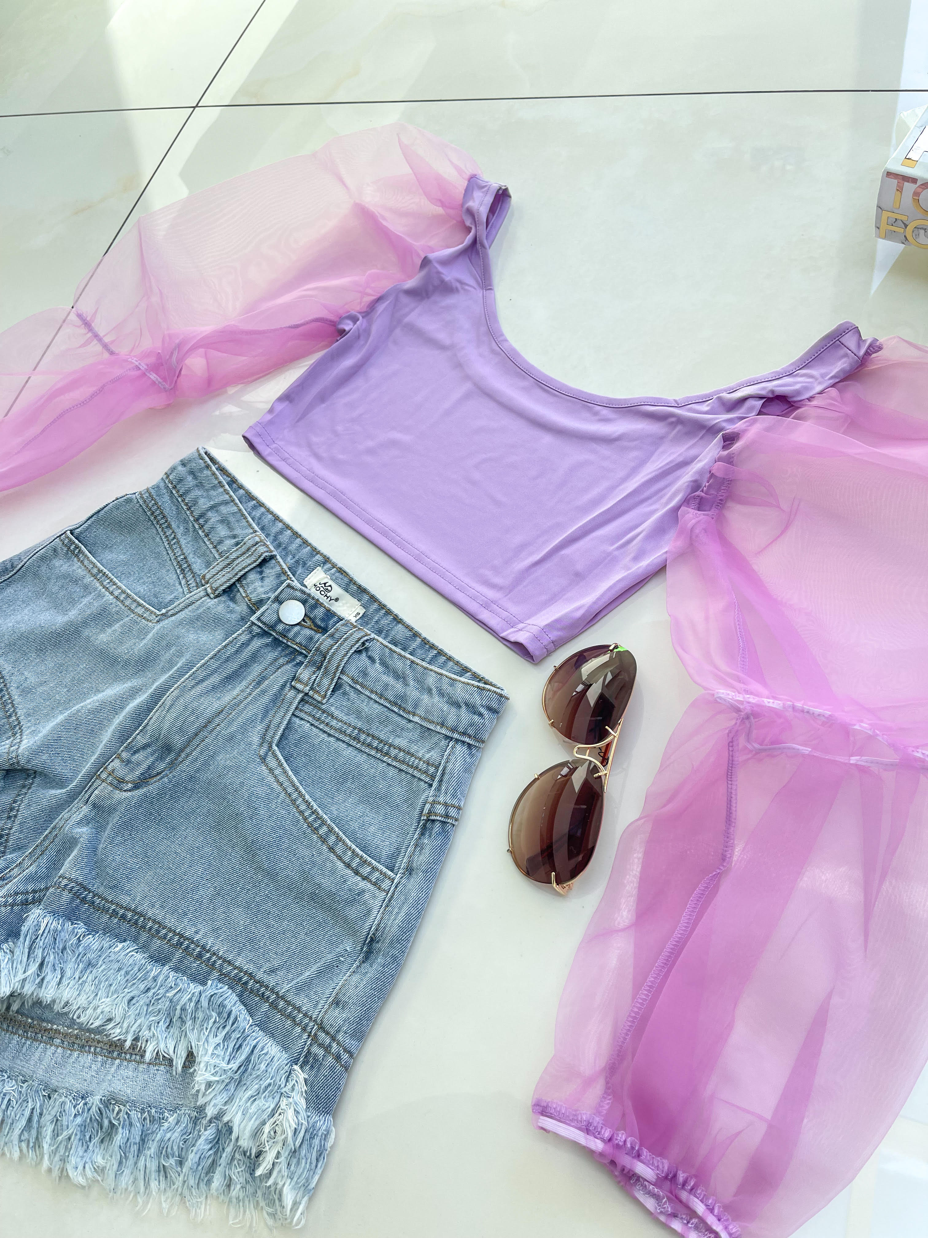 Mesh Sleeve Crop Top - Lilac